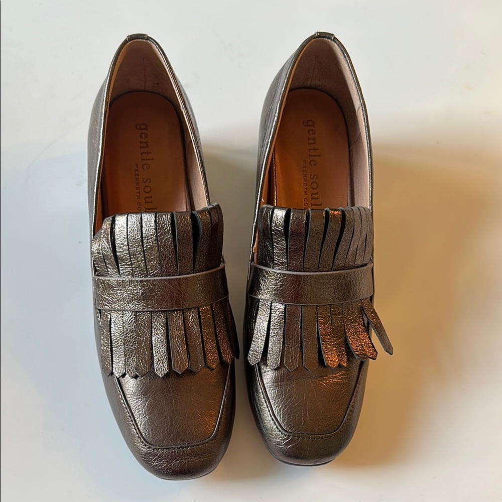 Gentle Souls Metallic Bronze Leather Loafers with Fringe Detail